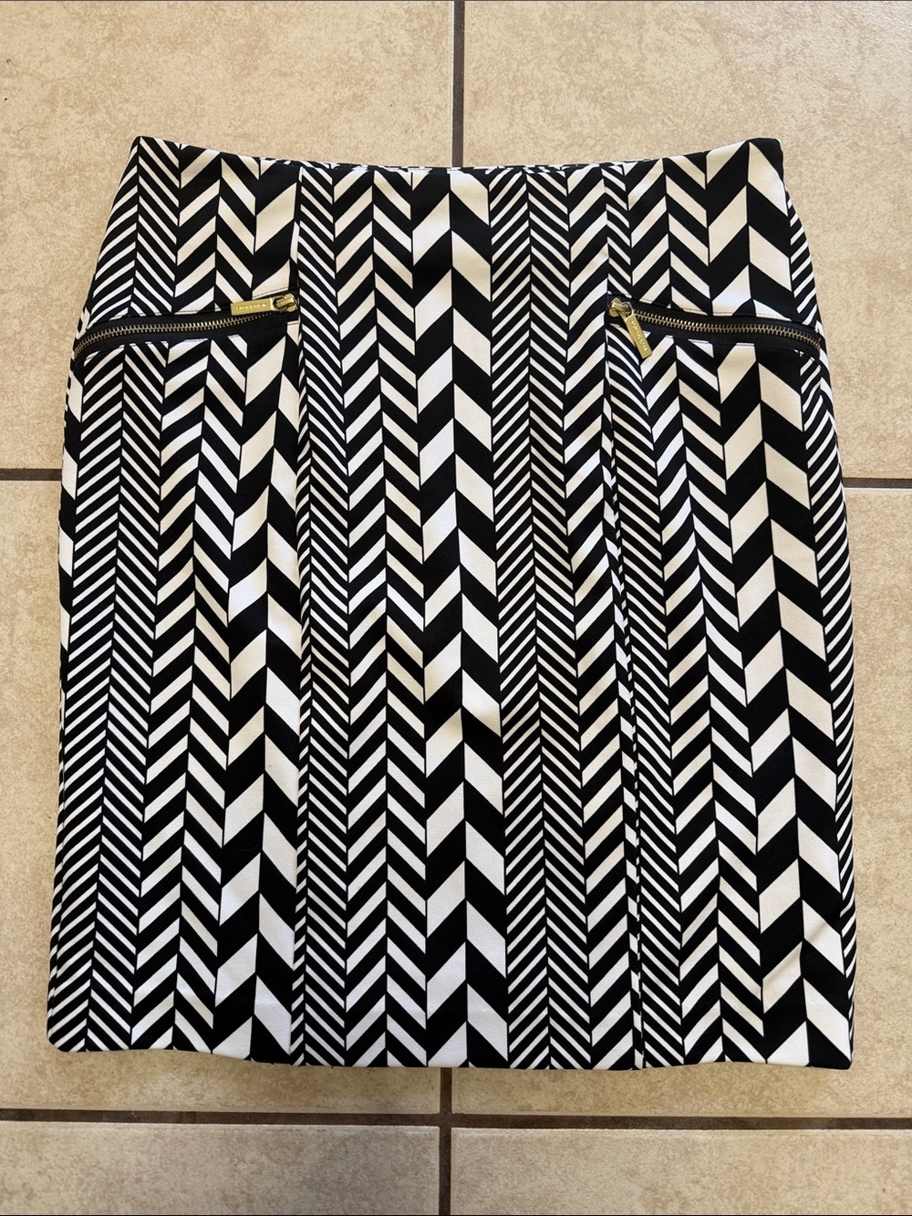 Michael Kors Black & White Chevron Pencil Skirt with Gold Zippers